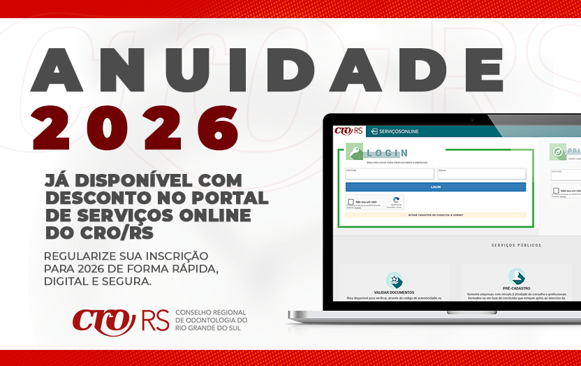 Anuidade 2026 já disponível com desconto no portal de Serviços Online do CRO/RS.